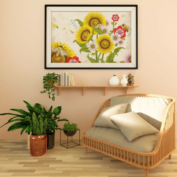 plakat grafika Słoneczniki z pszczołami
